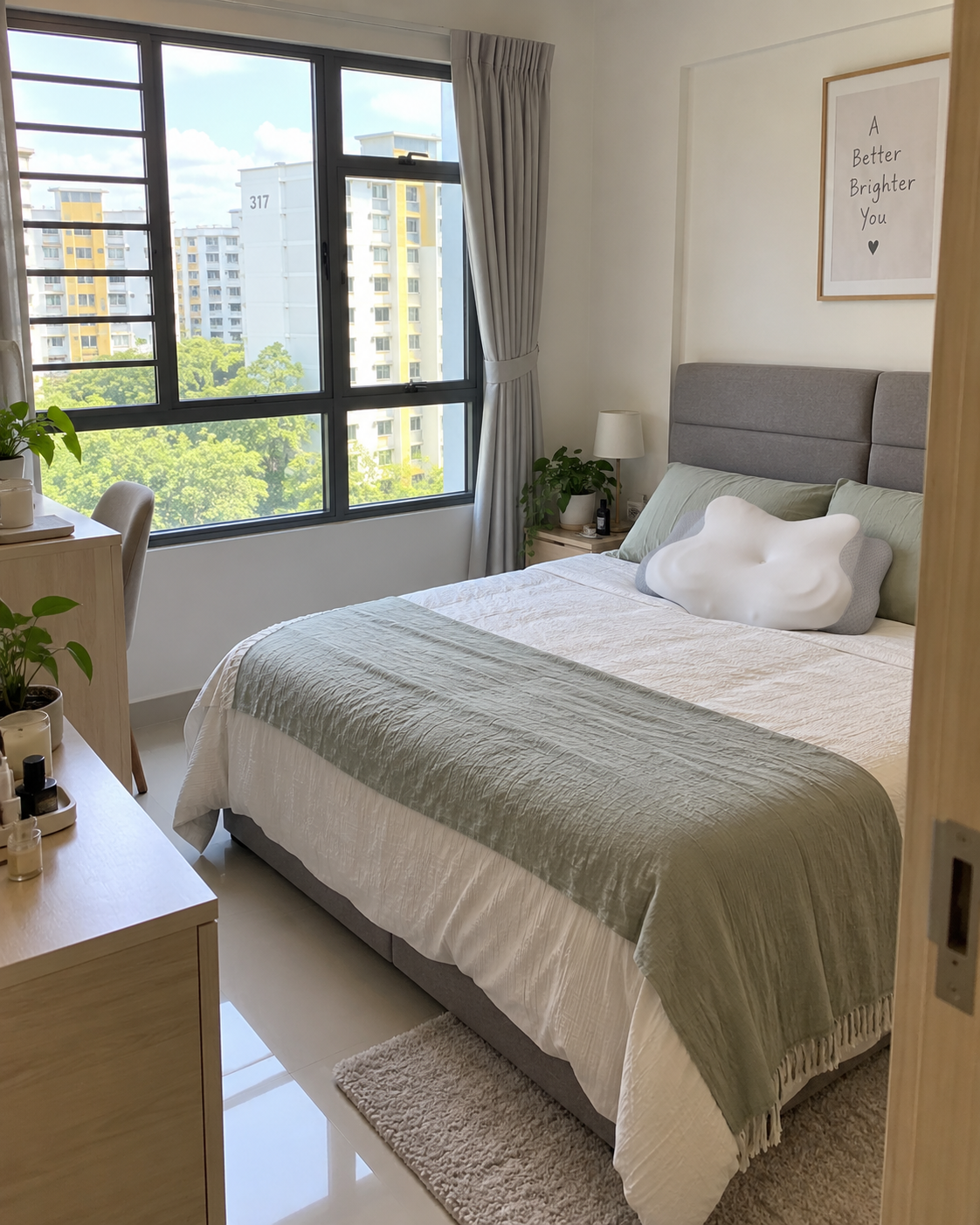 Butterfly Pillow styled on a bed in a bright Singapore bedroom