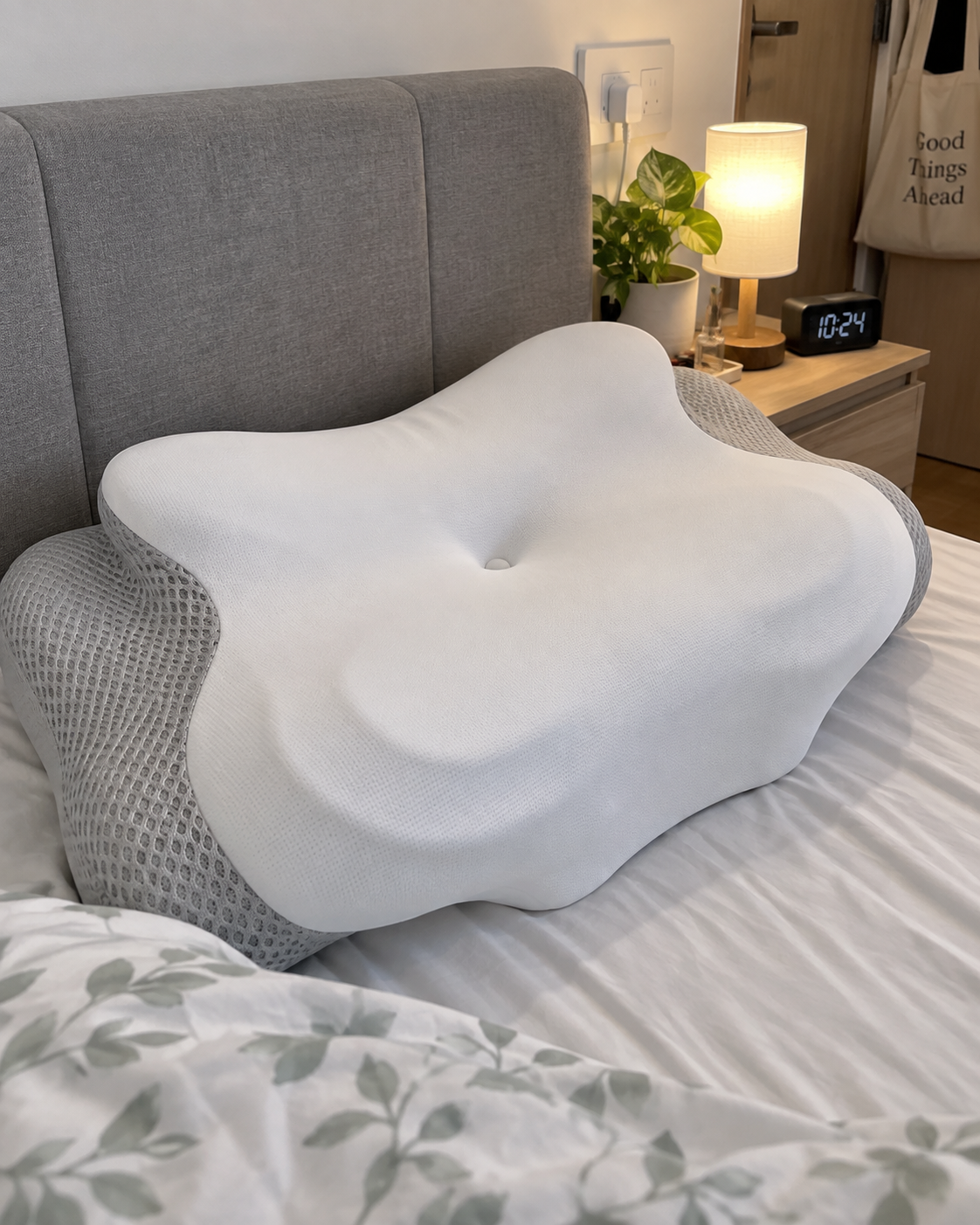 Butterfly Pillow on a bed beside a softly lit bedside table