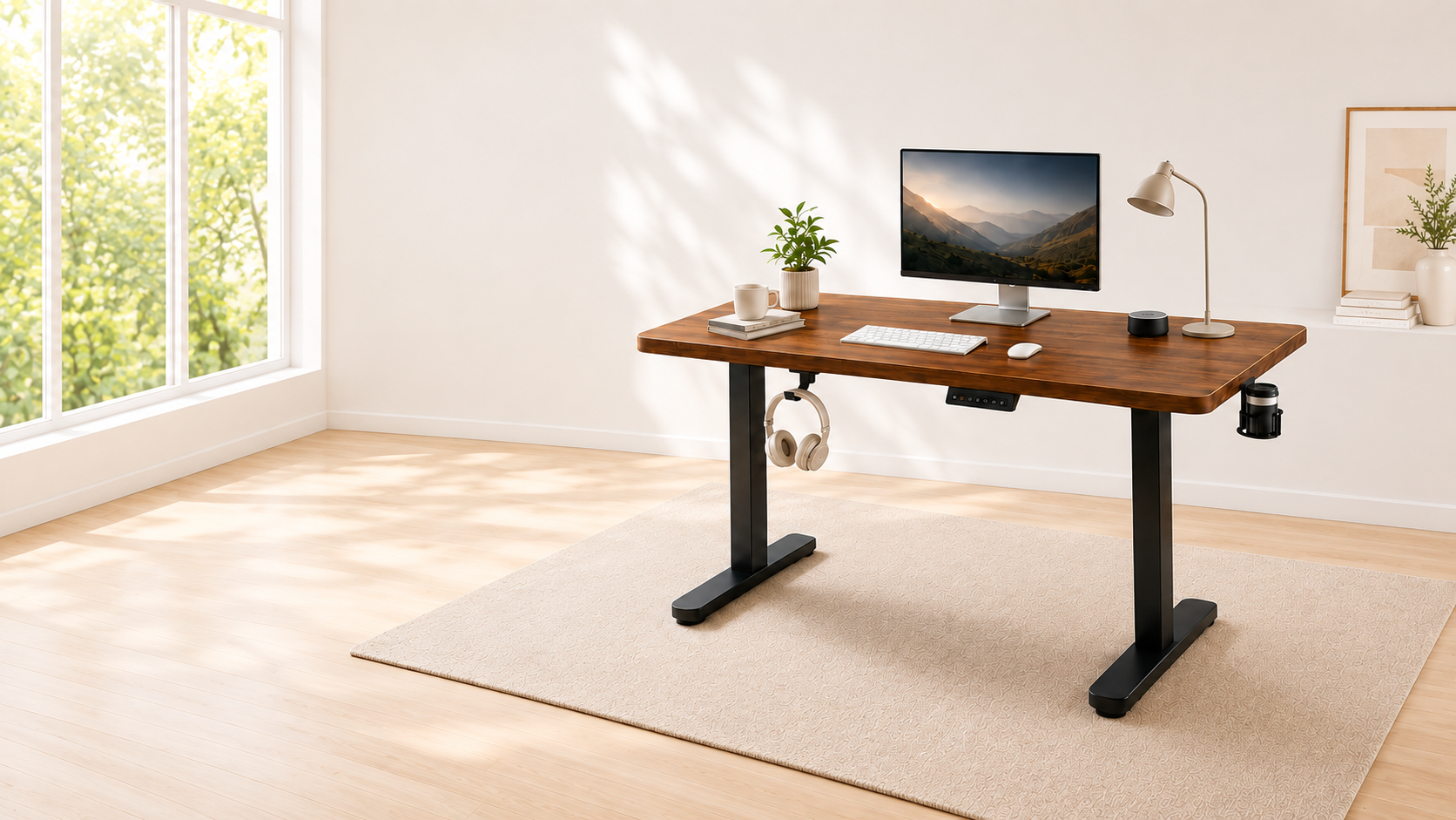 Adjustable standing desk in a bright, space-conscious home workspace