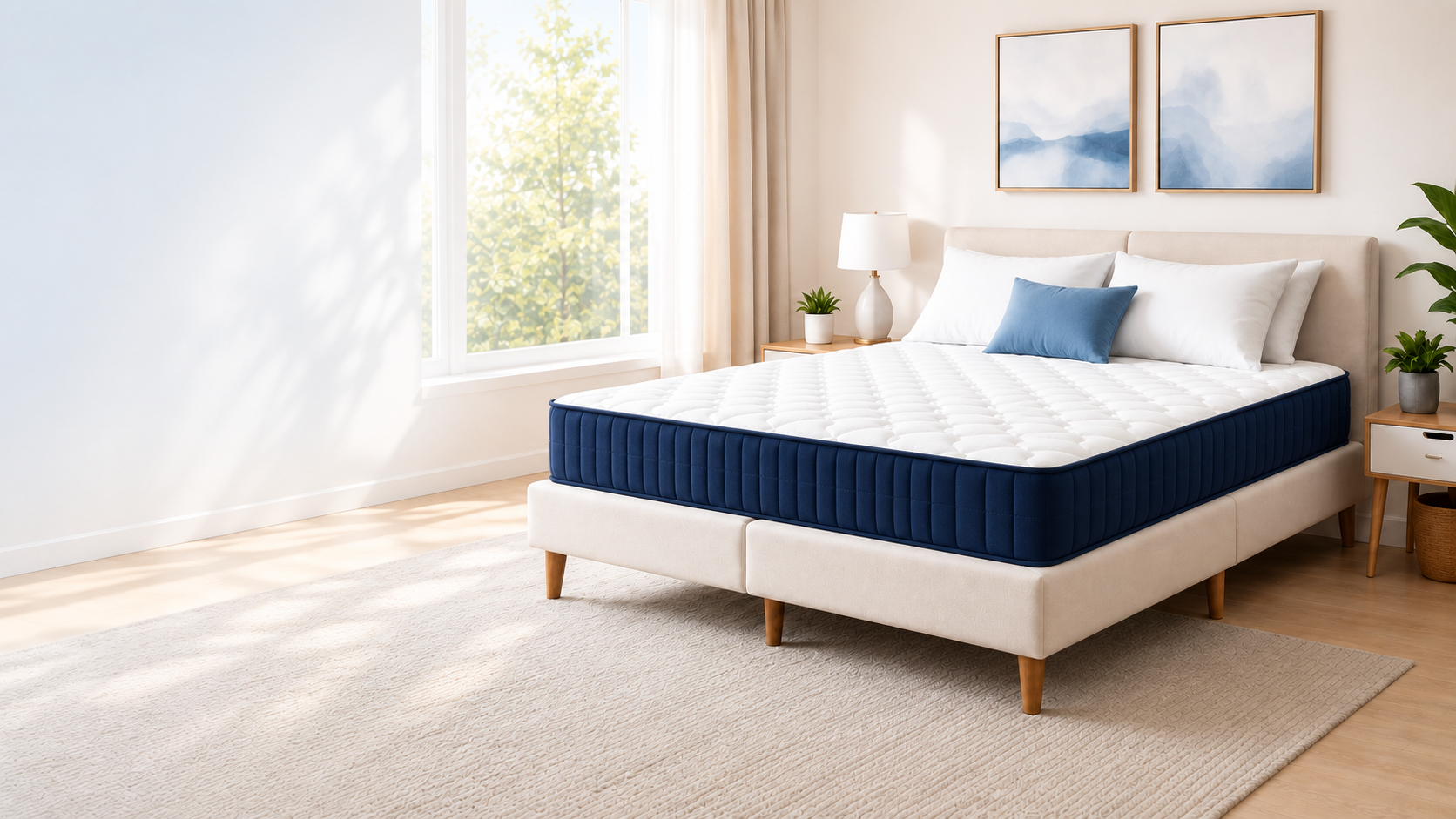 White quilted mattress with navy channelled sides in a bright modern bedroom