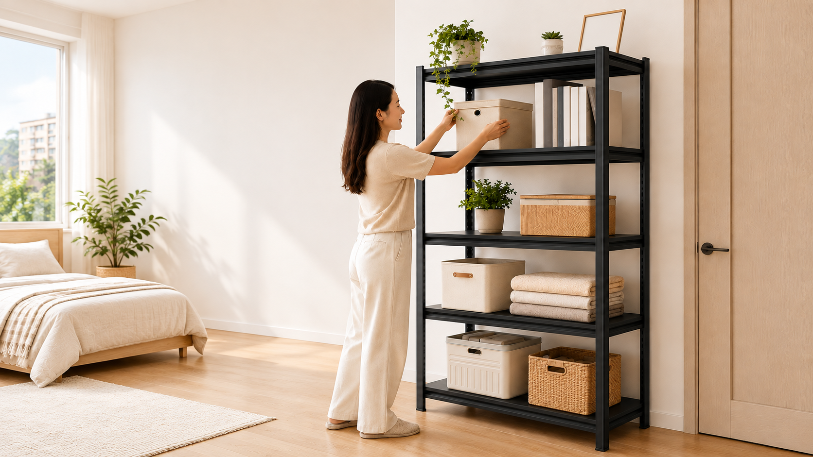 Woman arranging storage boxes on a complete black five-tier rack in a bright HDB bedroom