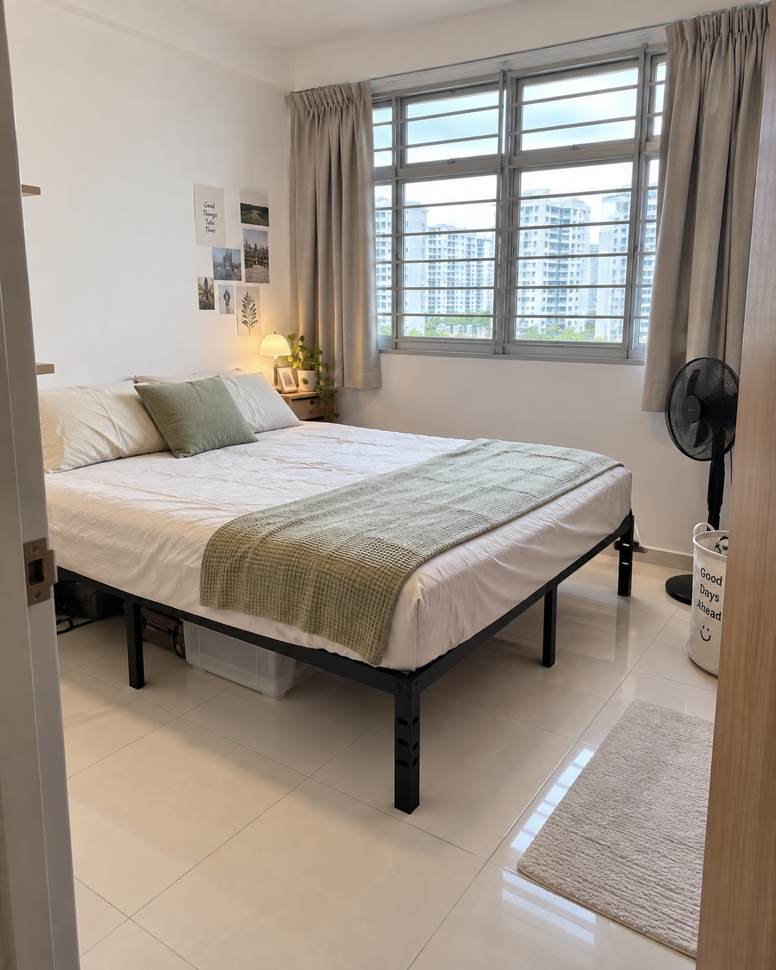 Basic Bed Frame with bedding and under-bed storage in an everyday bedroom