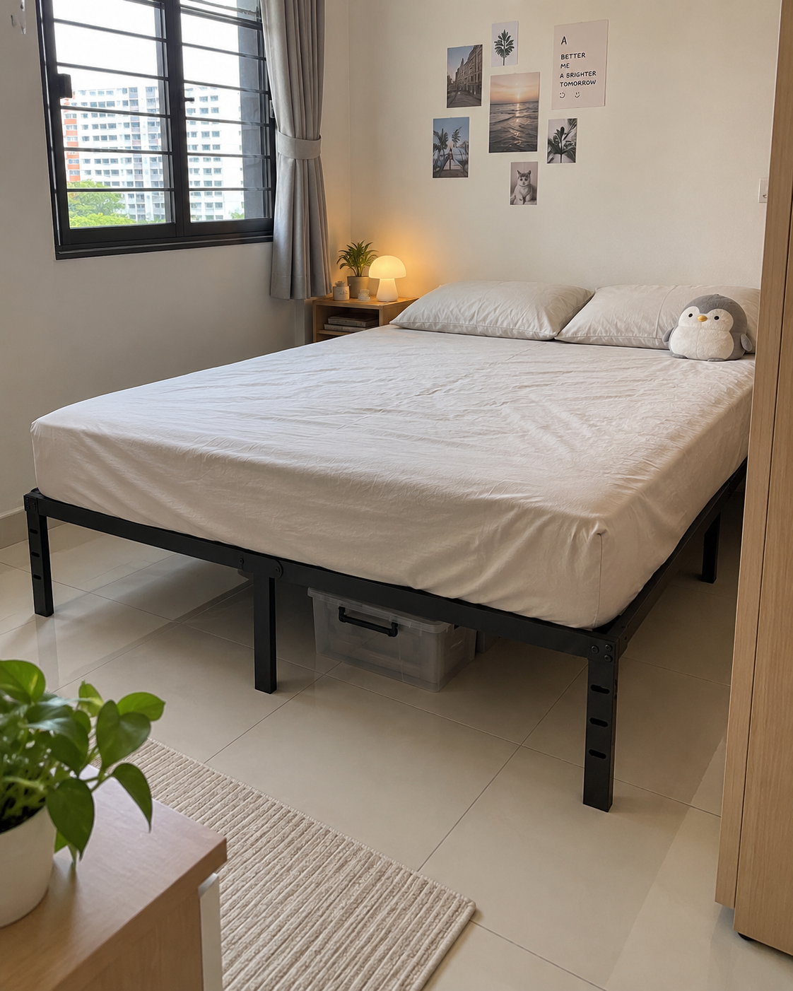 Basic Bed Frame styled in a calm compact Singapore bedroom